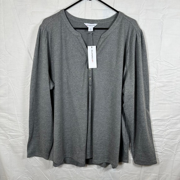 Liz Claiborne Tops - Liz‎ Claiborne Womens 2X Smoke Heather Metallic Henley Long Sleeve Top NWT